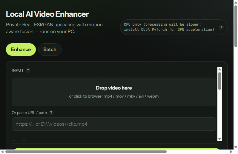 Local AI Video Enhancer processing controls